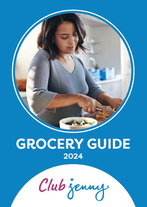 A woman cutting food for the cover of the Club Jenny Grocery Guide